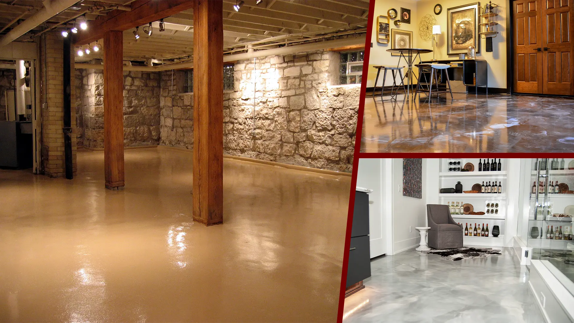 Solid color and metallic concrete coated basements. 